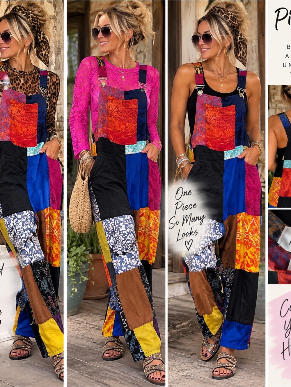Patchwork Colorblock Women's Denim Overalls Jumpsuit - Multicolor